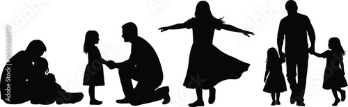 Parent and child silhouette grid, five nurturing poses, family bonding, walking, hugging, holding hands, black vector PNG, clipart