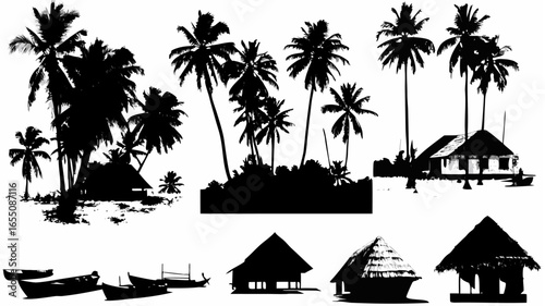 Silhouette illustration of tropical island with palm trees huts and boats in black and white style