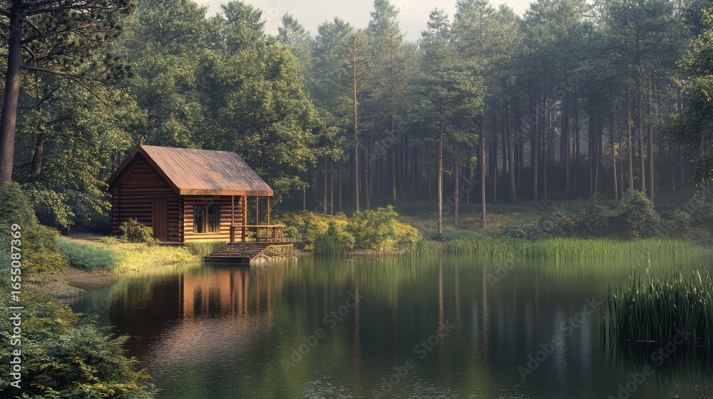 Fototapeta premium A serene log cabin by a tranquil lake, surrounded by lush trees, creating a peaceful retreat in nature.