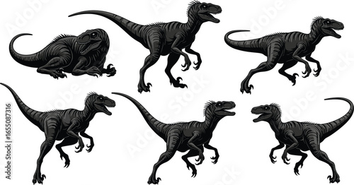 Velociraptor silhouette grid, six dynamic dinosaur poses, running, crouching, standing, claws, tail, black vector PNG, clipart