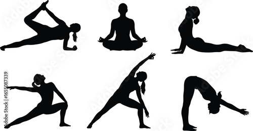 Yoga silhouette grid, six poses, black vector PNG, meditation, stretching, warrior, cobra, forward bend, fitness clipart, calm