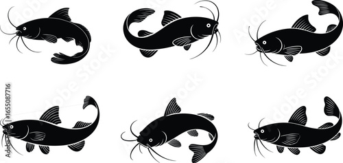PrinCollection of black catfish silhouette illustrations, fishing vector art, aquatic animal graphics, nature-themed design elements, underwater fish drawingst