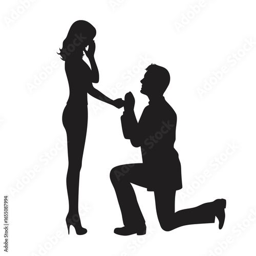 A Romantic Proposal Silhouette Capturing a Man on One Knee Offering an Engagement Ring to an Astonished Woman