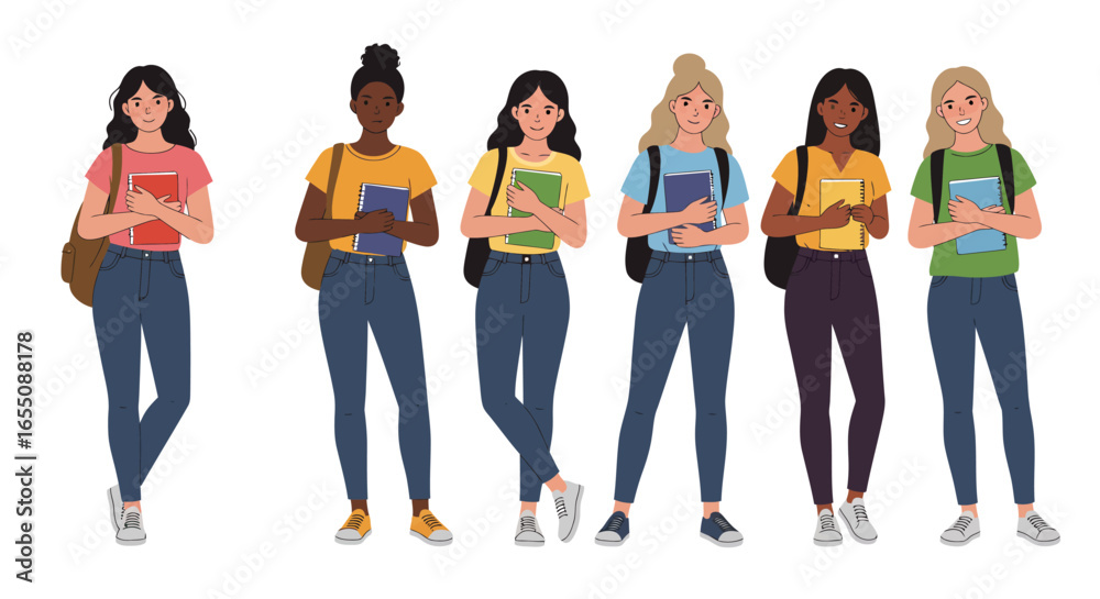 Obraz premium Six diverse young women standing in a line holding books
