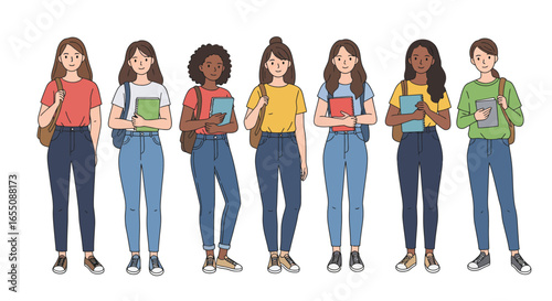 Seven diverse women in casual clothing holding books and bags