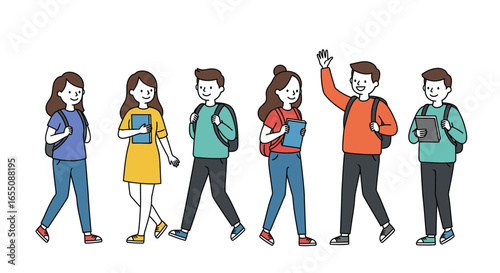 Six animated diverse students walking with books and backpacks