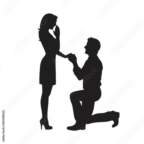A Romantic Proposal Silhouette Capturing a Man on One Knee Offering an Engagement Ring to an Astonished Woman