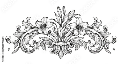 A black and white ornamental floral design with lilies