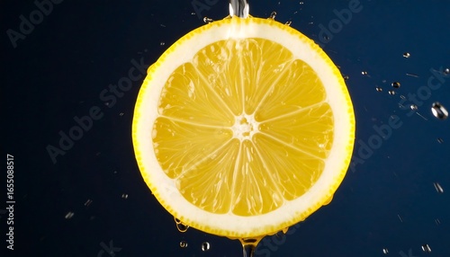 A vibrant lemon slice, radiating a sunny yellow hue, is suspended in mid-air, with water droplets cascading around it against a dark background.