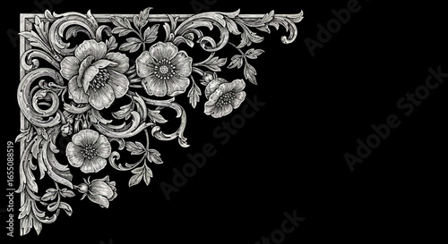 Ornate floral corner ornament in grayscale against a black background