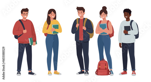 Five students with backpacks and books stand against a white background