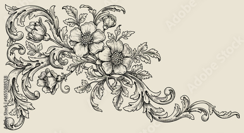 Ornate black and white floral corner ornament on beige background