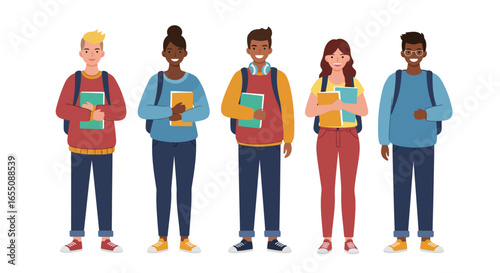 Five diverse students stand in a row each holding books and wearing backpacks