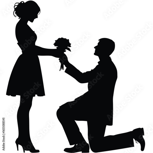 A Romantic Silhouette Captures a Proposal Scene Between a Man Offering Flowers and a Woman on a White Background