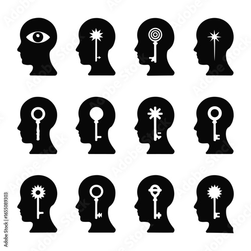 Human head silhouettes with internal keys and eye symbol mind thought