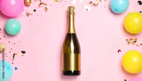 A gold-capped champagne bottle sits amidst colorful balloons and confetti, creating a festive and celebratory atmosphere on a soft pink background.