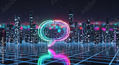 Neon Cityscape Speech Bubble Digital Communication Global Network Technology Future