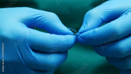A surgeon's gloved hands expertly tie a precise surgical knot with a suture a close-up display of medical skill.