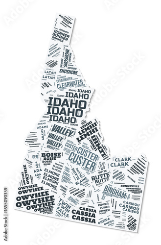 Idaho shape text cloud. State border with shadow on white background. Idaho with counties division in vintage gazette style. Awesome vector illustration.