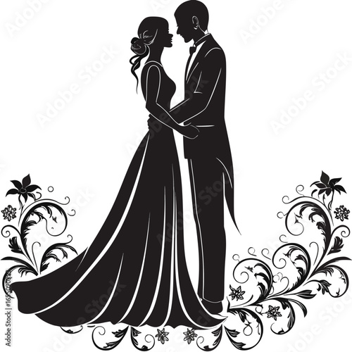 Elegant Wedding Silhouette Embracing Couple Surrounded by Ornate Floral Flourishes Symbolizing Love Commitment and New Beginnings in a Timeless Romantic Style