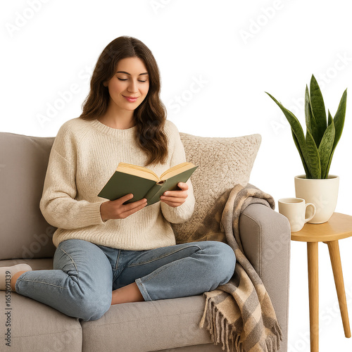 Smiling woman reading book on sofa at home isolated on black background