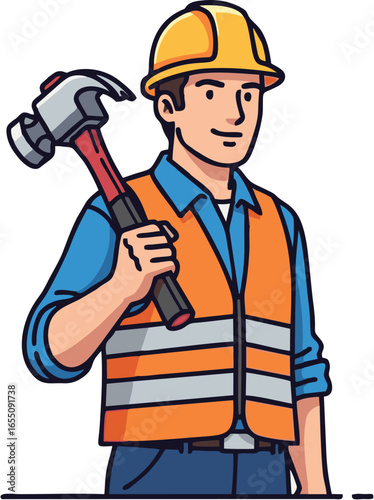 Competent construction worker illustration wearing a hard hat and safety vest, holding a hammer, ready for building and labor tasks.