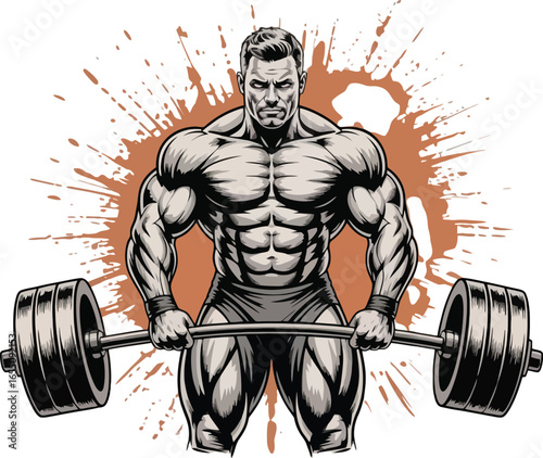 Muscular man lifting heavy barbell with brown paint splatter background male bodybuilder