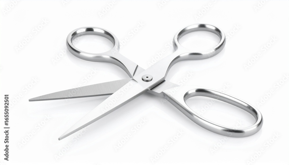 Pair of stainless steel scissors with sharp blades and asymmetrical finger holes Pair of stainless steel scissors with sharp blades and asymmetrical finger holes