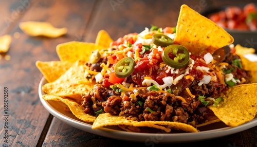 A plate of nachos topped with seasoned ground beef, refried beans, salsa, cheese, and jalapenos, creating a flavorful and satisfying dish.