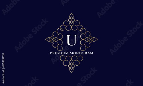 Premium monogram with initial U in the center and space for text on a dark background. Elegant design for business, company logo, restaurant, heraldry, hotel, boutique.