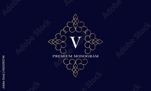 Premium monogram with initial V in the center and space for text on a dark background. Elegant design for business, company logo, restaurant, heraldry, hotel, boutique.