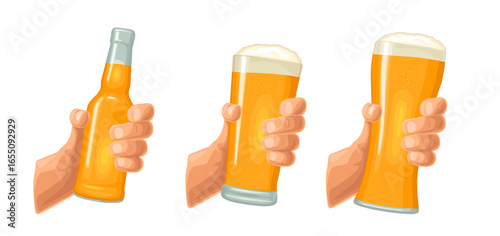Man hand holding and clinking beer glass and bottle with light beer. Vector color flat illustration for web icon, poster, invitation to party. Isolated on white background.
