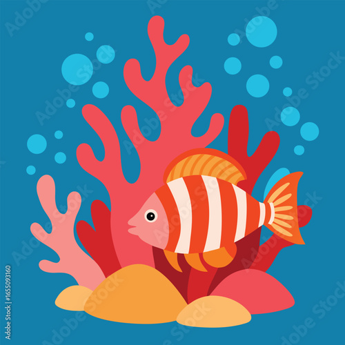 Vector illustration of a tropical underwater world with a colorful coral fish swimming in the ocean