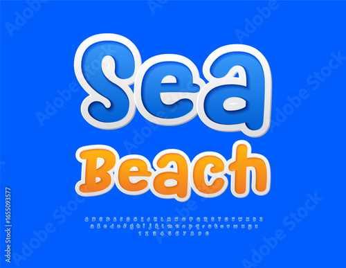 Vector Touristic Advertisement Sea Beach. Fashion Funny Font. Creative Blue Sticker Alphabet Letters, Numbers and Symbols