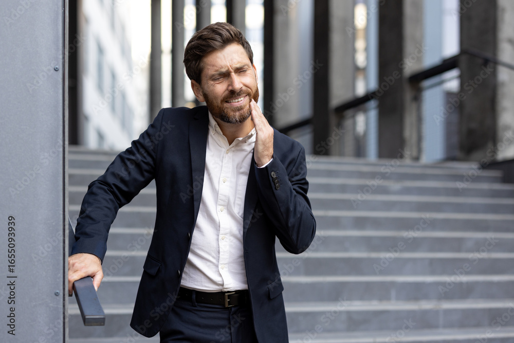Businessman experiencing tooth pain on outdoor office staircase Businessman experiencing tooth pain on outdoor office staircase