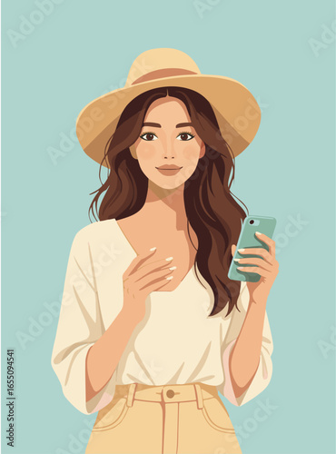 mujer con movil y sombrero