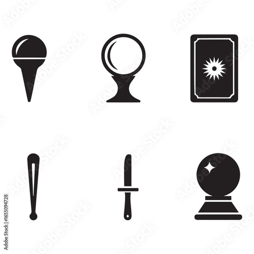 Black icons of fortune telling objects and weapons crystal ball tarot card