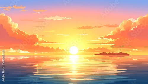 A vibrant sunset paints the ocean with warm hues, showcasing a tranquil island scene.