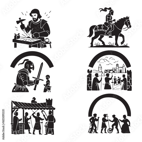 Black and white medieval scenes with people and activities historical blacksmith