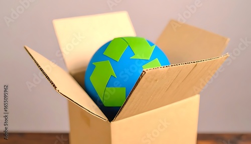 Recycle symbol on a globe inside an open cardboard box.