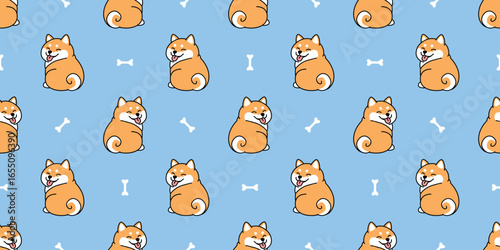 Seamless pattern of cute chubby shiba inu sitting with its back turned and looking over its shoulder with a big happy smile, vector illustration