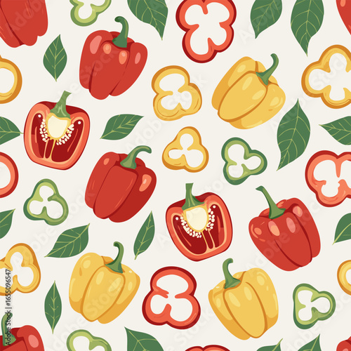 Hand-drawn vintage style illustration of red bell peppers with seeds and green leaves. Minimal retro design, soft colors, perfect for food, organic, farming, and kitchen projects