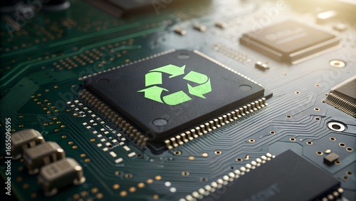 Sustainable Technology Close up of a Microchip with a Green Recycle Symbol on it