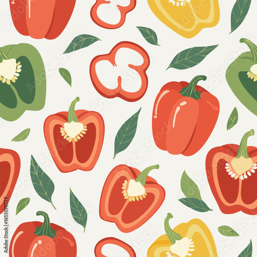 Hand-drawn vintage style illustration of red bell peppers with seeds and green leaves. Minimal retro design, soft colors, perfect for food, organic, farming, and kitchen projects