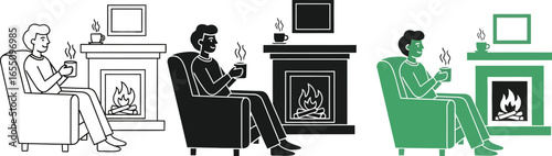 Cozy man relaxes by fireplace with warm drink, seeking comfort and warmth