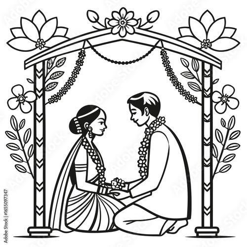 Elegant Indian Wedding Illustration of a Couple Under a Mandap Decorated with Flowers and Garlands in a Black and White Style