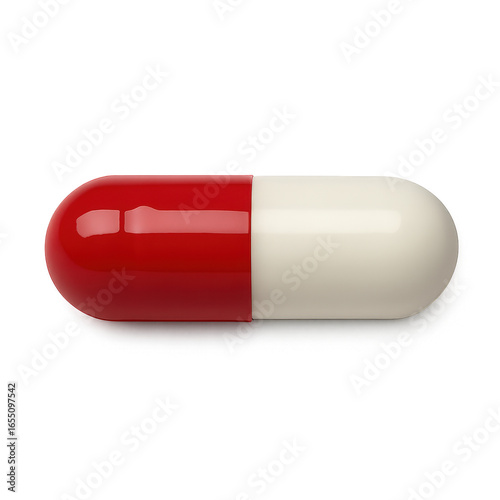 Red and white medicine capsule pill isolated on black background