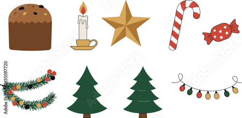 Christmas themed items: panettone, candle, star, candy cane, and christmas tree on transparent background