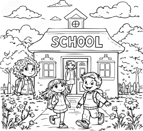 Black and white drawing of a school building with children arriving and departing—evokes nostalgia and everyday storytelling
