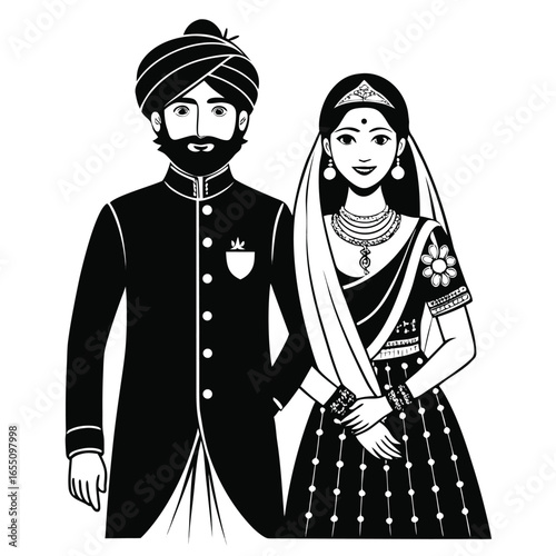 Traditional Indian Wedding Couple in Elegant Attire A Heartwarming Depiction of Love and Cultural Heritage Black and White Art